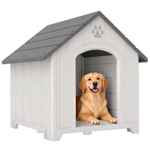 PawHut Niche pour Chiens d'ext&eacute;rieur, Niche pour Grands Chiens en Plastique imperm&eacute;able avec 2 fen&ecirc;tres, Base sur&eacute;lev&eacute;e, piquets, Facile &agrave; Monter, 88 x 79 x 89 cm, Gris (OutSunny Iberica, neuf)