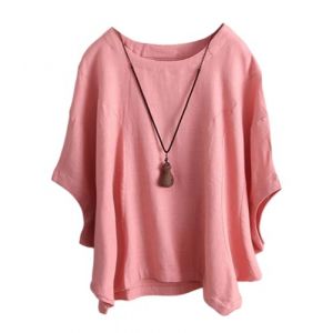 ORANDESIGNE Chemise Lin Femme Chemisier Coton Et Lin Col Rond Manches Chauve-Souris Tops Unie L&acirc;che Respirant T-Shirts Demi-Manches Casual Lin Tunique Blouse Pas d'accessoires A Rose XL (ORANNER EU, neuf)