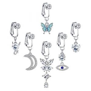 LOLIAS 6 Pcs Faux Anneaux Ventre Clip sur Piercing Ventre pour Femmes Nombril Piercing Acier Chirurgical avec Coeur Suspendu Papillon Lune D&eacute;mon Mauvais &OElig;il Faux Anneaux Nombril Bijoux Non Piercing (LoliasEU, neuf)
