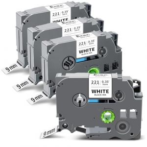 Exsun 4x TZe-221 TZe221 Tz221 Tzc221 Compatible pour Brother P-touch Ruban Recharge Tze 9mm 0.35 Ruban Compatible avec Etiqueteuse Brother Ptouch E110 H105 H100LB 1000 1005 H100R, Noir sur Blanc (Exsun-EU, neuf)