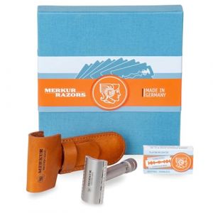 MERKUR Lot de 34 rasoirs de s&eacute;curit&eacute; INOX en acier inoxydable avec rasoir de s&eacute;curit&eacute; haut de gamme, &eacute;tui en cuir et 10 lames platine, satin&eacute; mat, peigne ferm&eacute;, id&eacute;al pour le rasage humide, fabriqu&eacute; (Feinschliff Shaving & More, neuf)