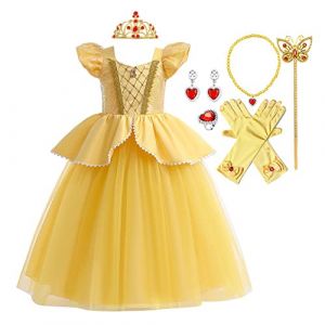 MYRISAM Filles Princesse Belle Robe de Carnaval Hors Épaule Costume de la Beauté et la Bête Halloween Déguisements Cosplay Cérémonie Anniversaire avec Accessoires 5-6 ans (MYRISAM store, neuf)