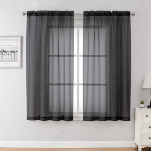 Chyhomenyc Lot de 2 rideaux de fenêtre transparents noirs, rideaux voiles de 114 cm de long, pour petite fenêtre, chambre d'enfant, salle de bain, salon, chambre à coucher, 106 x 114 cm (l x L) (Fast Media Ships From USA, neuf)