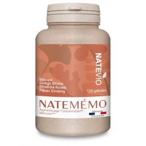 NATEVIO Natem&eacute;mo &ndash; M&eacute;moire & Concentration &ndash; Bacopa 500 mg, Ginkgo, Rhodiola, Ginseng &ndash; 120 G&eacute;lules V&eacute;g&eacute;tales &ndash; Compl&eacute;ment Alimentaire Naturel - Sans Caf&eacute;ine - Made in France (Pommexy, neuf)