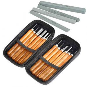 Ciseaux à Bois 12 en 1 TIMESETL Outils de Gravure sur Bois 12Pcs Couteau Sculpture Bois en Acier Carbone avec Manches en Bois, 4 Pierres à Aiguiser, Outils de Sculpture pour Charpentier, Amateur (TXJ-EU, neuf)
