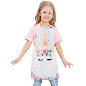 WERNNSAI Licorne Tablier Fille Enfant - Tablier pour Cuisson Peinture Artisanat Jardinage Impression &Eacute;tanche B&eacute;b&eacute; Tabliers &agrave; Bavette Cuisine avec Sangle R&eacute;glable Poche pour Enfants 2-5 Ans (Nuoly, neuf)