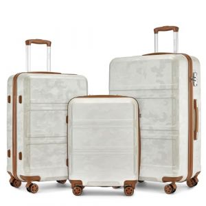 Kono Set de 3 Valises Rigide Bagage Cabine + Valise Moyenne 65cm + Valise Grande 74cm avec 4 roulettes et Serrure TSA, Blanc Crème/Camouflage (DL-accessories, neuf)