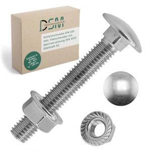 DSM - Boulons M6 x 40 mm selon DIN 603 - M6 Écrou à bride avec denture de blocage DIN 6923 - Acier inoxydable A2/V2A - Vis à tête bombée avec collet carré - Écrou hexagonal avec bride - Lot de 100 (DSM-Verbindungstechnik GmbH, neuf)