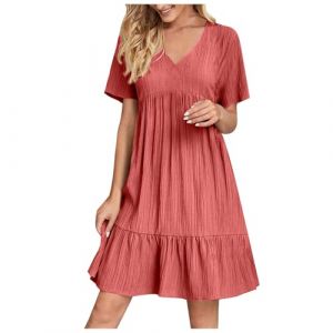 HAOLEI Robe Femme Chic Col V Manches Courtes &eacute;T&eacute; Boh&egrave;Me Tunique Robe Ample A-Line Mi-Longue Dress Grande Taille D&eacute;Contract&eacute;E Robes Couleur Unie Taille Haute Robes pour F&ecirc;Ter Vacances Plage (HAOLEI  FR, neuf)