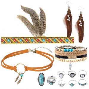 Lot de 12 indian boho karneval accessoires, livr&eacute; avec une coiffe indienne, un collier en cuir, des boucles d'oreilles en plumes, un bracelet, une bague - Id&eacute;al pour le carnaval, les soir&eacute;es &agrave; th&egrave;me (Zoxoboo, neuf)