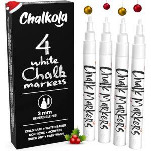 Chalkola Feutre Craie Blanc (Pointe Fine 3mm, Lot de 4) - Chalk Marqueur Liquide | Stylo Craie Pour Tableau Noir Effacable | Feutre Pour Fenetre | Crayon Chalk Pour Vitre & Verre, Ardoise (WizMops, neuf)