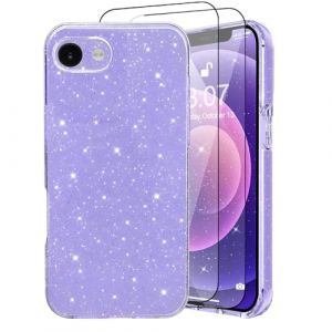 CaseLover Coque Compatible avec iPhone 16E 6.1" Glitter, Paillette Brillantes Coque avec 2 Pi&egrave;ces Protections d'&eacute;cran Mignon Silicone Shock-Absorption Sparkle Housse &Eacute;tui pour iPhone 16E, Violet (CaseLover_Direct_Store, neuf)