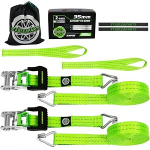 StarLeaparts Lot de 2 Sangles de Roue, 35mm x 6m, 2000kg, Sangles d'arrimage pour Transport Voiture, Sangle de Serrage Pneu, Sangle a cliquet Roue, Sangle de s&eacute;curit&eacute; de Roue, Vert (StarLeaparts, neuf)