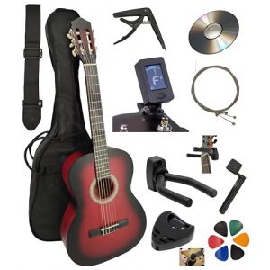 AMBRE Pack Guitare Classique 4/4 (Adulte) + 10 Accessoires (Housse, Support Mural, Accordeur, Sangle, Capodastre, Cordes, 6 M&eacute;diators, Bo&icirc;te, Manivelle) + Cours Vid&eacute;o & CD (Rouge, 1/2, Droit) (Amrova FR, neuf)