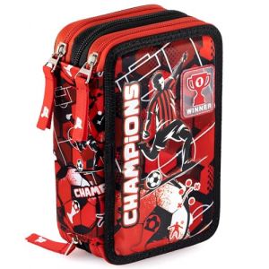 Julian Ross Trousse Scolaire Complète 45 Pièces – Kit Créatif Triple Compartiment avec Stylos Gel Effaçables, Crayons 4.0 mm, Feutres – Idée Cadeau Garçon Football Rouge-Noir (clondo, neuf)