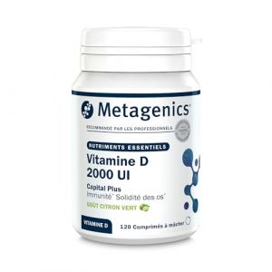 Metagenics Vitamine D3 2000 UI - Haute Dose 50 &micro;g - Soutien Immunitaire & Sant&eacute; des Os - Sans Gluten, Sans Lactose, V&eacute;g&eacute;tarien - 120 Comprim&eacute;s &agrave; M&acirc;cher Go&ucirc;t Citron Vert - 4 Mois (Metagenics EMEA, neuf)