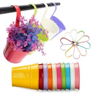 KINGLAKE 10 pièces Pots de Fleurs en métal à Suspendre 16cm, Pot Fleur Suspendre Metal pour intérieur extérieur Balcon clôture - avec Crochet amovibles-10 Couleur (JH Gardening, neuf)
