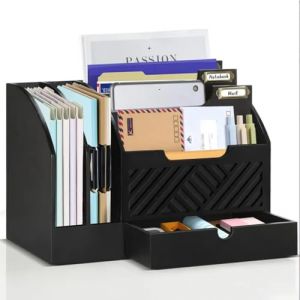 Organisateur de courrier en bois, Organisateur de courrier Comptoir avec 6 compartiments et un tiroir, Tiroir de bureau en bois pour dossier, lettre, dossier papier, Noir (WanHuoJCOM, neuf)