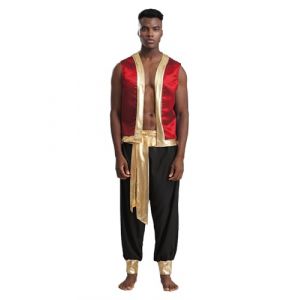 Oyolan Homme Costume Prince Arabe D&eacute;guisement Arabe Roi Pantalon Sarouel et Gilet sans Manches Cosplay Carnaval Halloween F&ecirc;te Tenue C Rouge Noir M (Oyolan EU, neuf)