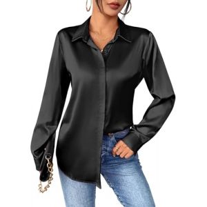 Zeagoo Chemisier Femme Satin à col en V La Soie Élégante Blouse Chic Manches Longues Chemise Boutons Ample à Manches Longues Chemisier de Soirée Business Top Noir S (Zeagoo direct, neuf)