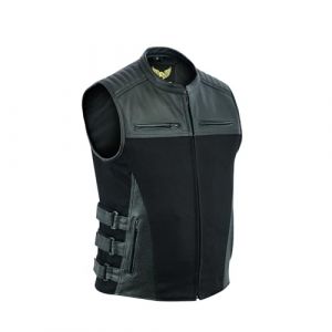 Leatherick Warrior Gilet de motard en jean et cuir de buffle avec poches pour pistolet et panneaux perforés -Noir (L) (Leatherick, neuf)