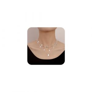 Yienate Boho Collier Eclair de Lune Etoiles Superposées Choker Vintage Silver Crescent Moon Choker Collier Eclair Etoile Collier Pendentif Lune Collier de déclaration multicouche Bijoux pour femmes (Yienate, neuf)