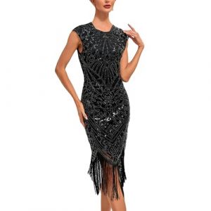KBOPLEMQ Costume Gatsby pour Femme - Robe Vintage des Années 1920 - Charleston à Paillettes - Ourlet à Pompons - Cocktail, Bal de Fin d'Année, Soirée (VISNA, neuf)