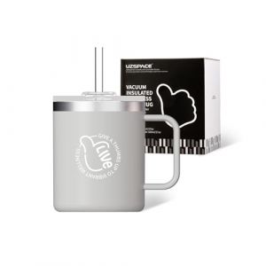 UZSPACE Mug Isotherme avec Poign&eacute;e - Tasse a Cafe 500ml - Mug Thermos pour Caf&eacute; Chaud et Boissons Froides - Tasse &agrave; Caf&eacute; R&eacute;utilisable avec Paille, Gris Silex (UZSPACE Official Store, neuf)