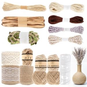 Ticeed 16PCS Ruban Toile de Jute avec Ficelle Jute, Rouleau Toile de Jute Naturelle Vintage Ruban en Jute avec Dentelle Ruban Cadeau Jute pour Bricolage Artisanat Mariage Emballage Cadeau (eMeta-eHifi EU, neuf)