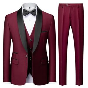 KUDMOL Costume Homme 3 pièces Mariage Slim Fit Smoking d'affaires à Un Bouton Men Suits 3 Piece Couleur Unie pour Fête Confort Blazer Veste et Pantalon Gilet(Bordeaux,S) (KUDMOL-FR, neuf)