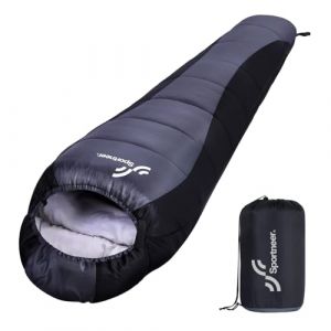 Sac de Couchage Adulte: Sportneer Sac de Couchage Grand Froid 3-4 Saisons Compact Sac Couchage Sarcophage, 5 ℃ - 15 ℃ pour Le Camping, la Randonnée, Les Activités de Voyage en Plein Air, Noir Gris (TSMART, neuf)