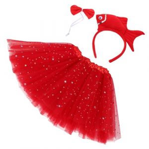 SMASOLO Costume Garçon Fille Poisson Marin Peluche avec Bandeau Tête de Poisson et Jupe Tulle Rouge Étoilé Déguisement Océan pour Fêtes Anniversaire et Halloween Doux et Confortable (SEASOON, neuf)