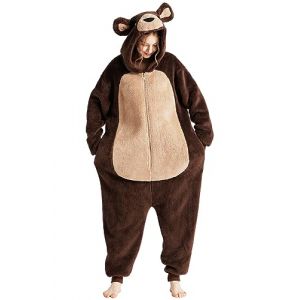 Loiahoer Unisexe Costume d'ours Onesie Pyjama D&eacute;guisement Peluche Ours Combinaison Pyjama,Animaux Carnaval Cosplay Costume de Halloween pour Femmes Hommes,Marron,L (FLY FELL, neuf)