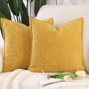 Madizz Lot de 2 Doux Housses de Coussin en Chenille Velours avec Bordure D&eacute;corative pour Canap&eacute; Chambre &agrave; Coucher Salon Jaune Moutarde 45x45 cm (Madizz, neuf)
