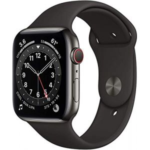 Apple Watch Series 6 (GPS + Cellulaire, 44MM) Bo&icirc;tier en Acier Inoxydable Graphite avec Bracelet Sport Noir (Reconditionn&eacute;) (GRADE MOBILE EU, neuf)