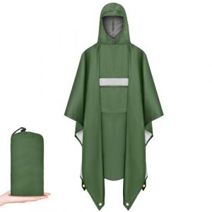 Vicloon Poncho de Pluie Multifonction, Poncho Pluie Imperméable 3 en 1 Réutilisable Cape de Pluies pour Moto/Vélo Avec Capuche pour Randonnée en Plein Pêche, Vert avec Poches Bandes Réfléchissantes (PLUM-MARKETING, neuf)