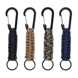 Lot de 4 porte-clés en paracorde avec mousqueton - Pendentif en paracorde - Court - Mousquetons tressés avec cordon - Pour couteau, clés, extérieur, camping, pêche, sac à dos, noir, marron, bleu (YUECHENGG, neuf)
