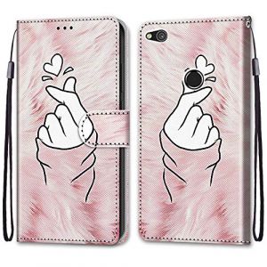 Mo-Somnus Coque pour Huawei P8 Lite 2017, Etui en Cuir PU Portefeuille Housse Coque avec 360 Degr&eacute;s Silicone Antichoc Protection Cover Cuir Pochette Magn&eacute;tique und Flip B&eacute;quille (Doigt Coeur) (Mo-Beauty EU Store, neuf)