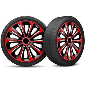 Moltico Enjoliveur - Set de 4 Universel Enjoliveurs - Adapté à Toutes Roues en Acier - Enjoliveurs pour Auto - Anneau de Sécurité Réglable - 16 Pouces - Rouge-Noir (Moltico-Shop, neuf)