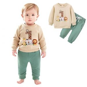 Asmea Ensemble B&eacute;b&eacute; Gar&ccedil;on 1An Vetement Anniversaire 1 An Garcon Cadeau Bebe 1 An Garcon Haut &agrave; Manches Longues &agrave; Imprim&eacute; Animal + Pantalon Tenue de F&ecirc;te 1er Ans 12-18 Mois Beige (ETau, neuf)