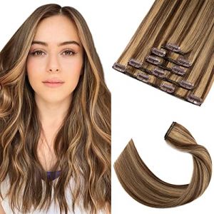 Elailite Extension a Clip Cheveux Naturel 5 Pcs - Rajout Cheveux Clip Naturel Humain Lisse - Extensions de Cheveux - #4P27 M&Eacute;CH&Eacute; CHATAIN MECHE/BLOND FONCE - 45 cm (Elailite Direct, neuf)