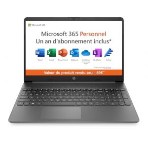 HP 15s-fq0003sf Ordinateur Portable 15,6" FHD, PC Portable (Intel Celeron N4120, RAM 4 Go, SSD 128 Go, Intel UHD Graphics, Windows 11), Laptop Gris, AZERTY, Microsoft 365 Personnel 12 Mois Inclus (Baptiste Blanc, neuf)
