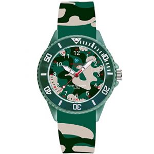 Alienwork Kids Montre Pédagogique Apprendre l'Heure Enfants Garçon Fille Armée Verte Bracelet en Silicone Camouflage Enfants Résistant à l'eau 5 ATM Temps d'apprentissage (?Alienwork, neuf)