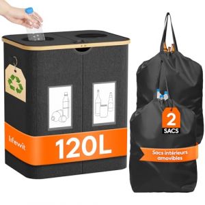 Lifewit Collecteur de Bouteilles avec Couvercle 2 Compartiment 120L, Poubelle Tri Selectif pour Plastique, Bouteilles Verre, Poubelle Exterieur de Recyclage avec Trou, Cuisine Rangement, Gris Foncé (Lifewit Home FR, neuf)