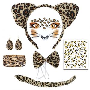 TUONYIS 7 Pièces Déguisement Leopard,Deguisement Chat,Oreilles de Léopard Bandeau Bracelet de Queue,Tatouage Visage pour Carnaval Halloween Fête de Noël Accessoires pour la Fête de la Jungle (Léopard) (ZECAI TONG, neuf)