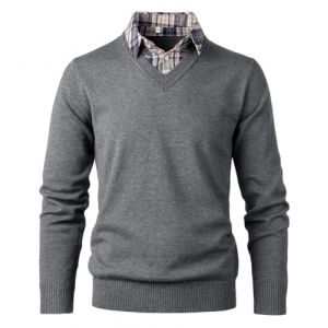 Btmpmcs Pull en Tricot avec col en V pour Homme Classiques Manches Longues Pull en Sweat avec Faux col de Chemise Automne Hiver Pull-Over Sweaters (NuodanShop, neuf)