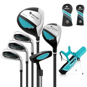 COSTWAY Ensemble Club de Golf Portable pour Enfants de 11 à 13 Ans, Set de Golf Complet Sac Trépied avec Capuche Anti-Pluie Driver #1 Hybride #5 Fers #7#9#S et Putter, pour Droitier(Bleu) (FDS GmbH, neuf)