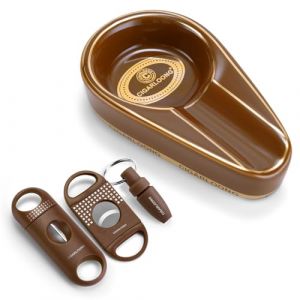 Cendrier &agrave; cigares en c&eacute;ramique avec coupe-cigare en V, guillotine &agrave; double lame et foret tranchant, cendrier incassable pour l'ext&eacute;rieur et l'int&eacute;rieur (Marron) (Cigarking, neuf)