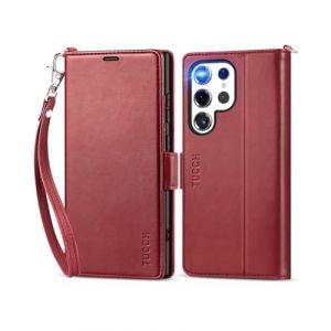 TUCCH Coque pour Galaxy S24 Ultra 5G, Housse Folio Portefeuille en Cuir Synth&eacute;tique, [Blocage RFID] Carte Support Vid&eacute;o &Eacute;tui Antichoc TPU pour Galaxy S24 Ultra (6,8" 2024) - Vin Rouge avec Dragonne (EC-GLOBAL FR, neuf)