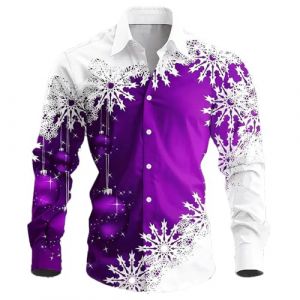 Chemise de No&euml;l &agrave; manches longues pour homme - Chemise de No&euml;l d&eacute;contract&eacute;e boutonn&eacute;e - Col montant - Chemise hawa&iuml;enne - Chemise de No&euml;l - Chemise d'hiver - V&ecirc;tement de No&euml;l, lilas, 5XL (Saohuo FR, neuf)